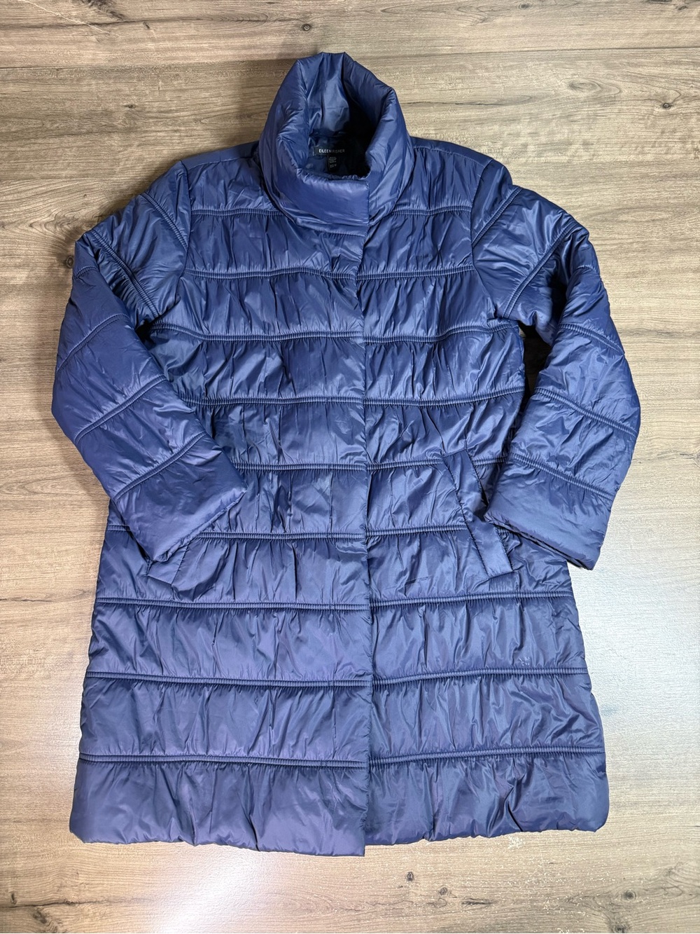 Eileen Fisher XS High Collar Puffer Coat Ink Navy Recycled Nylon Long Jacket